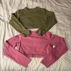 Olive and Pink Long Sleeve Crop Tops
